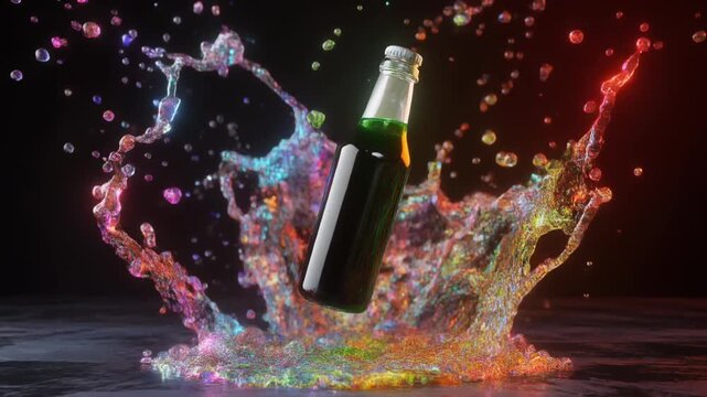Dynamic Beverage Bottle Splashing into Vibrant Rainbow Liquid