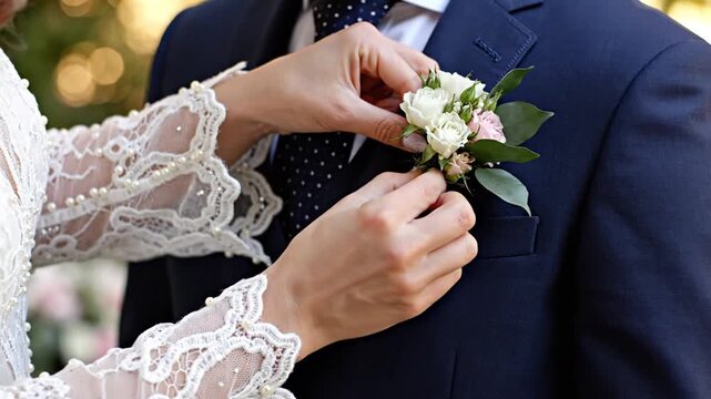 Bride attaching boutonniere to groom's lapel on wedding day outdoors in a formal ceremony