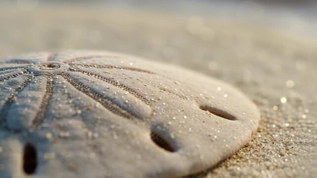 Close Up of Sand Dollar on Sandy Beach at Sunset