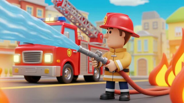 Cartoon Firefighter Extinguishing Fire with Hose in City