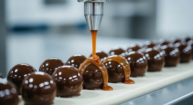 Industrial machine precisely pouring luscious caramel topping onto rows of decadent chocolate candy treats