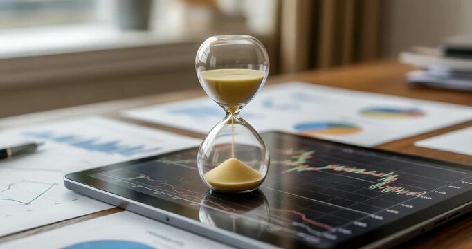 Sand timer on tablet with business graphs and charts