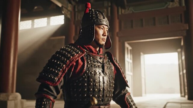 Traditional Chinese costume warrior armor with helmet and sword standing indoors with focused