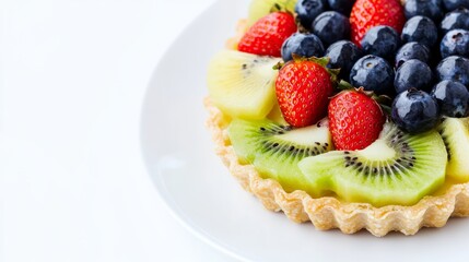 Close-up of single fresh fruit tart on white plate, strawberries, kiwi, blueberries, isolated on white background with copy space, perfect for dessert lovers
