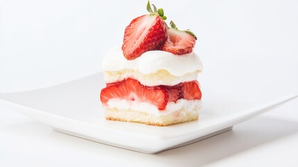 Close-up of single mini strawberry shortcake on white plate, isolated on white background with copy space, perfect for dessert lovers and summer gatherings