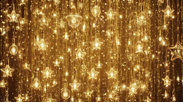 Cascading strings of golden star and bulb lights create a festive, shimmering backdrop