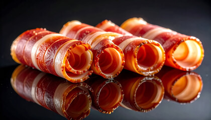Bacon rolled into elegant spiral shapes on dark reflective surface, luxury gourmet concept