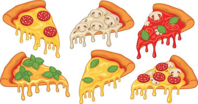 Set of cartoon pizza slices with dripping cheese and various toppings flat vector illustration