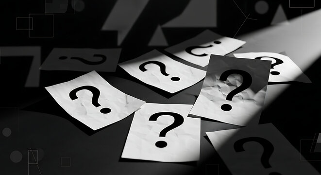Black and White Concept Image of Scattered Question Marks on Paper Slips in Dramatic Light