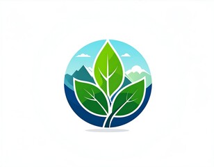 A vibrant, geometric leaf design is framed by a circle revealing mountains and sky, evoking nature's purity