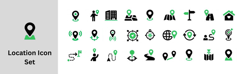 Location solid Icons Set. Time and location scheduling icons set. Clocks, maps and calendars. 