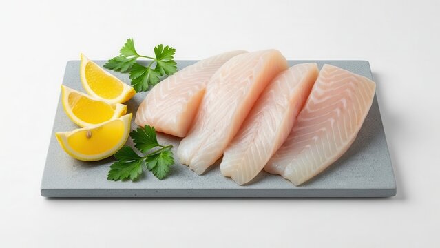 Four firm cod fillets with lemon and parsley arranged on a gray surface