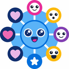 Obraz premium A cheerful blue character surrounded by various emoticons and symbols Vector