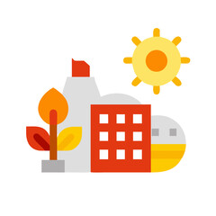 Fototapeta premium A vibrant cityscape with a prominent building and a bright sun Vector
