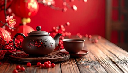 Fototapeta premium Elegant Dark Brown Tea Set with Red Accent on Wood Table in Red and Gold Chinese New Year Celebration Decor