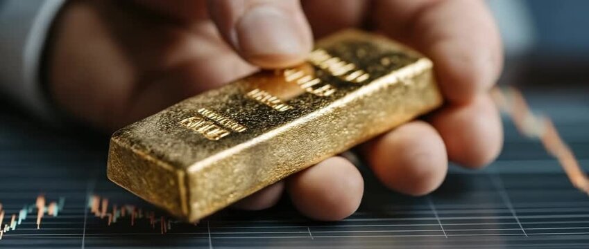 In hand is a gold bar. Gold and financial prosperity using the idea of a gold bar. Rich investor and investment transaction. The golden bar as a representation of wealth and prosperity
