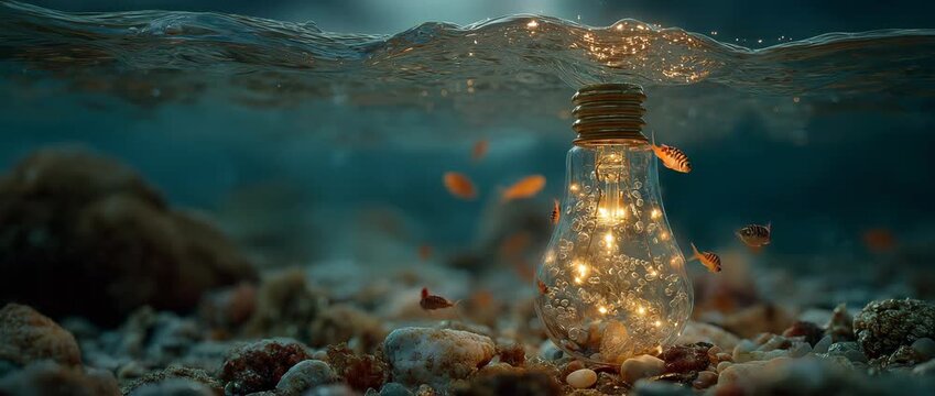 A bright lightbulb immersed in the water, surrounded by tiny fish