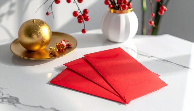 Festive Red Envelopes and Golden Ball on a White Marble Table with Vase and Berry Stalks in Natural Sunlight