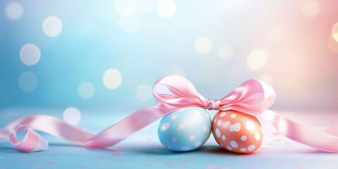 Easter eggs with pink ribbon on blue background with bokeh lights  