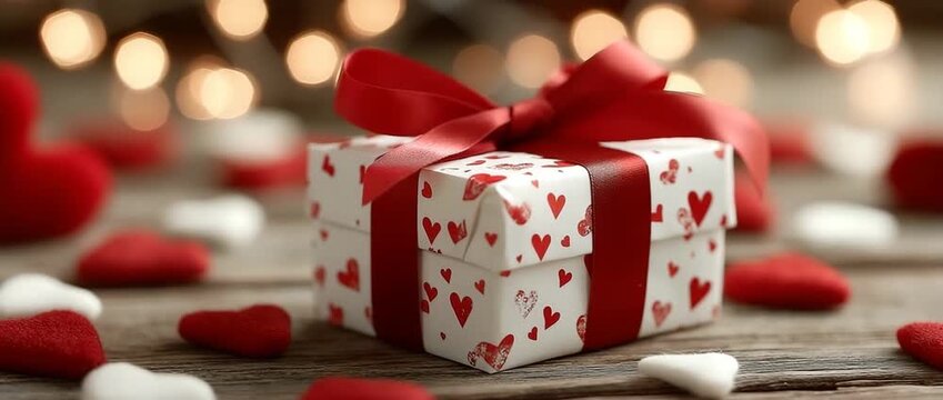 Hearts around the gift box. The packaging is decorated with a red ribbon. A romantic setting conveys joy, tenderness, and love. festive display.