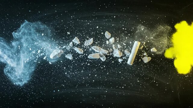 Chalk Explosion with Blue and Yellow Powder on Black Background