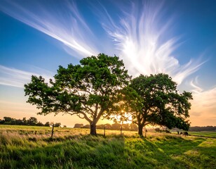 Obraz premium A serene landscape with two large trees in a green field at sunset