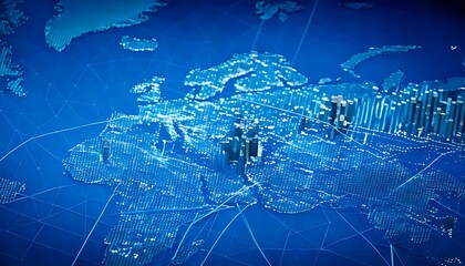 A futuristic, stylized, blue digital world map showcasing Europe with city and network data visualized