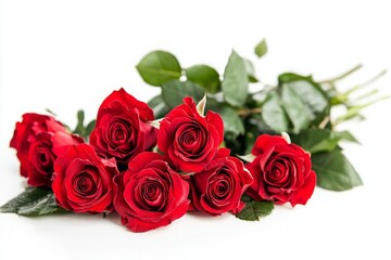 Obraz premium Vibrant Red Roses Bouquet with Fresh Green Leaves Isolated on White Background
