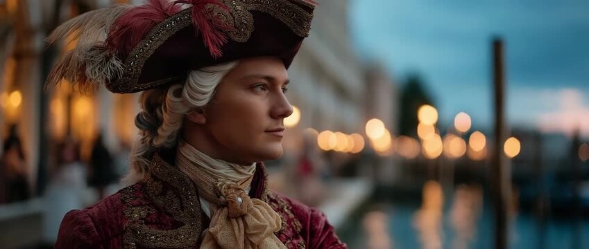 An elegant guy wearing a crimson velvet cloak and powdered wig in an 18th-century Venetian attire. Historical masquerade profile photo at dusk during Carnival of Venice with city lights in backdrop.