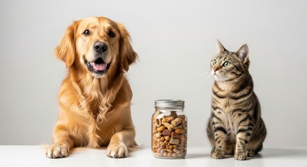 Curious Golden Retriever Dog and Tabby Cat Intently Watching a Jar of Pet Food