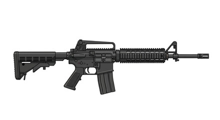 A black assault rifle viewed from the side on a white background
