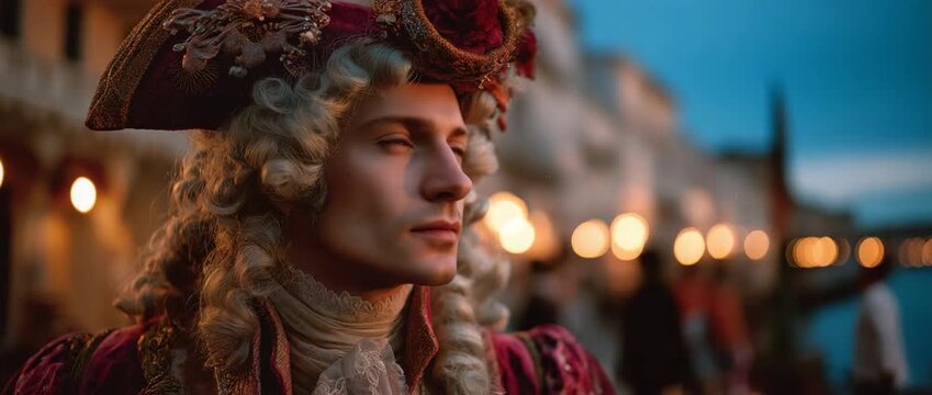An elegant guy wearing a crimson velvet cloak and powdered wig in an 18th-century Venetian attire. Historical masquerade profile photo at dusk during Carnival of Venice with city lights in backdrop.