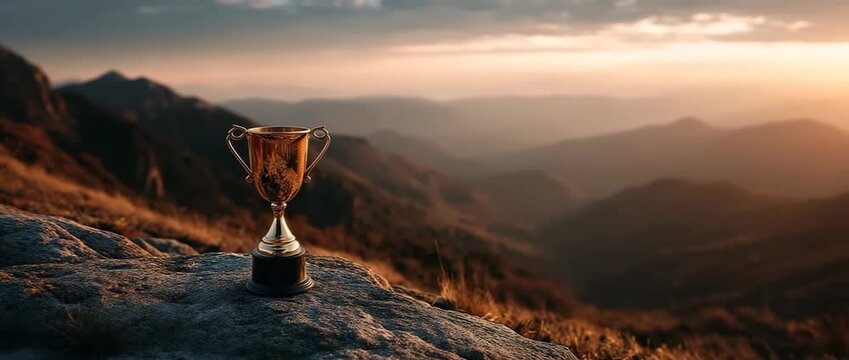 At dusk, a golden trophy sits atop a mountain. Represents achievement, victory, and the zenith of success