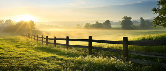 Obraz premium Morning light illuminates a rural farm fence.