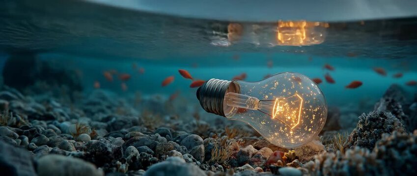 A bright lightbulb immersed in the water, surrounded by tiny fish