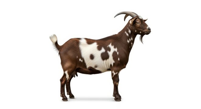 A brown and white patched goat standing in profile view, isolated on a transparent background