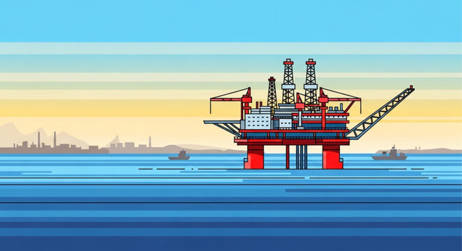 Offshore oil rig platform in the ocean industrial landscape.