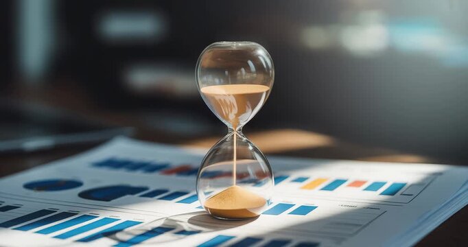 Hourglass on business report with graphs and charts on office desk