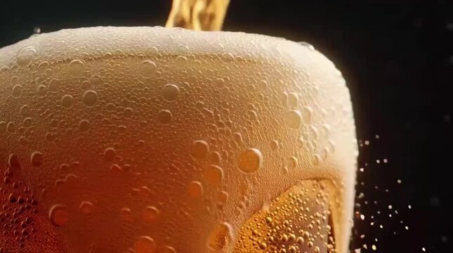 Pouring a Refreshing Golden Beverage into a Frothy Glass, Close-up Shot