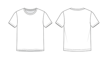 Naklejka premium Flat technical sketch displaying the front and back views of a basic blank white crew neck short sleeve t-shirt