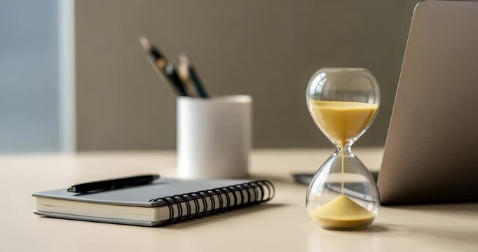 Modern workspace with hourglass on desk by laptop