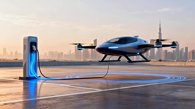 Futuristic flying vehicle charging in city