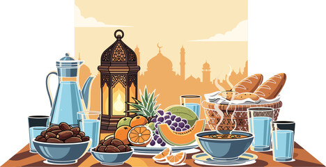 Traditional Iftar meal setup with dates, soup, fruits, lantern, mosque silhouette at sunset, Ramadan celebration, Islamic festive art © MstLavli
