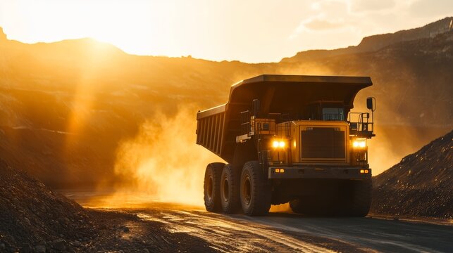 Heavy-duty dump truck in action mining site industrial equipment dusty environment side view work efficiency