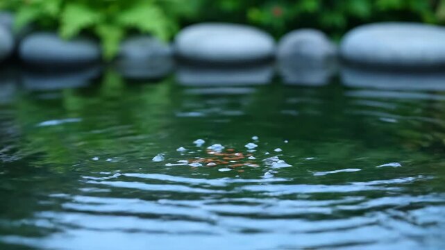 Fish food pellets are dropped into a serene pond. Ripples spread as fish begin to feed on the surface.