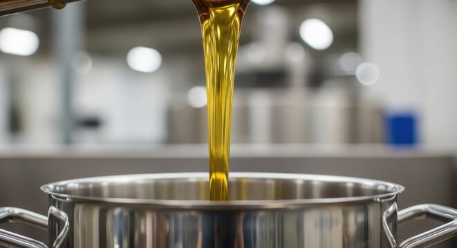 Golden Cooking Oil Stream Poured Into Stainless Steel Pot During Food Preparation and Industrial Process