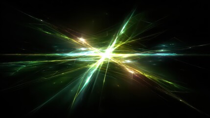 Obraz premium Radiant Abstract Light Burst With Green Yellow and White Particles Flowing in All Directions on a Dark Background