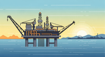 Offshore oil rig platform in the ocean at sunset. © HENI