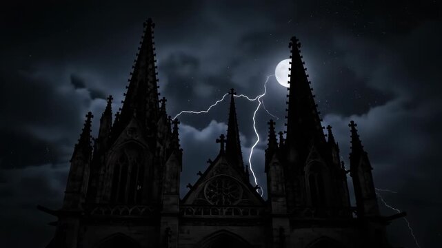 A gothic cathedral stands silhouetted against a stormy night sky. Flashes of lightning illuminate the dark clouds and full moon.
