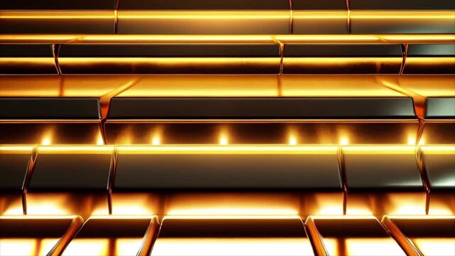 Rows of gold bars. Financial economy banking concept. Glittering shiny golden precious metal wallpaper background